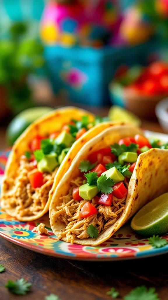 Delicious zesty chicken tacos topped with avocado and fresh vegetables on a colorful plate.