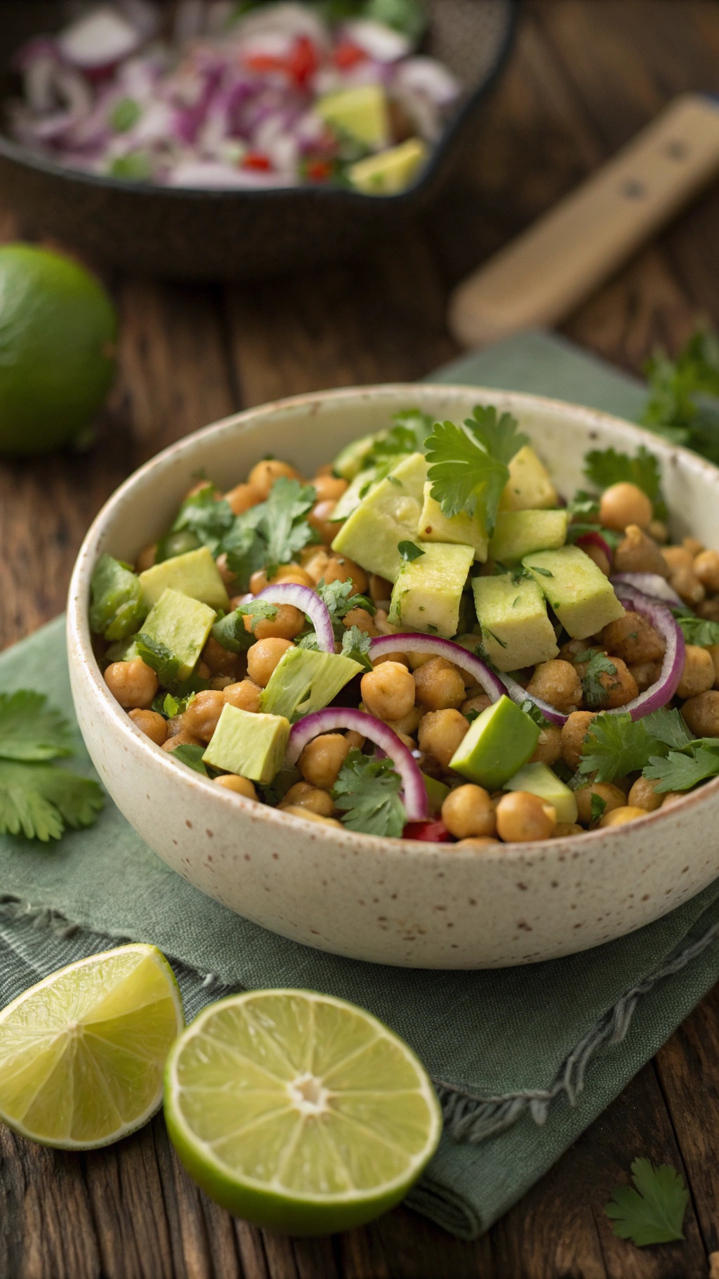 A bowl of zesty chickpea and avocado salad with lime wedges on the side.