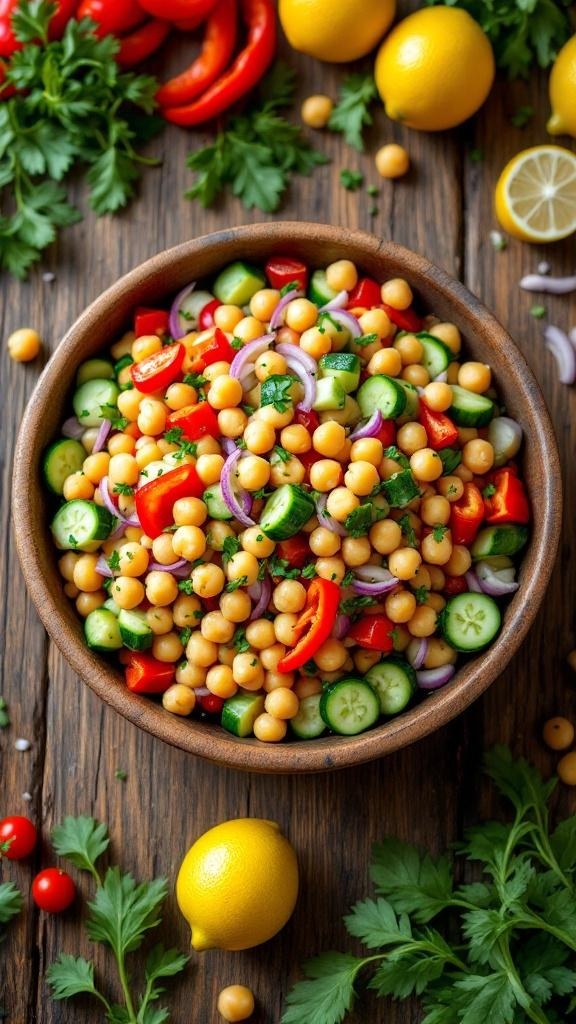 A colorful bowl of zesty chickpea salad with cucumbers, bell peppers, and parsley on a wooden table.