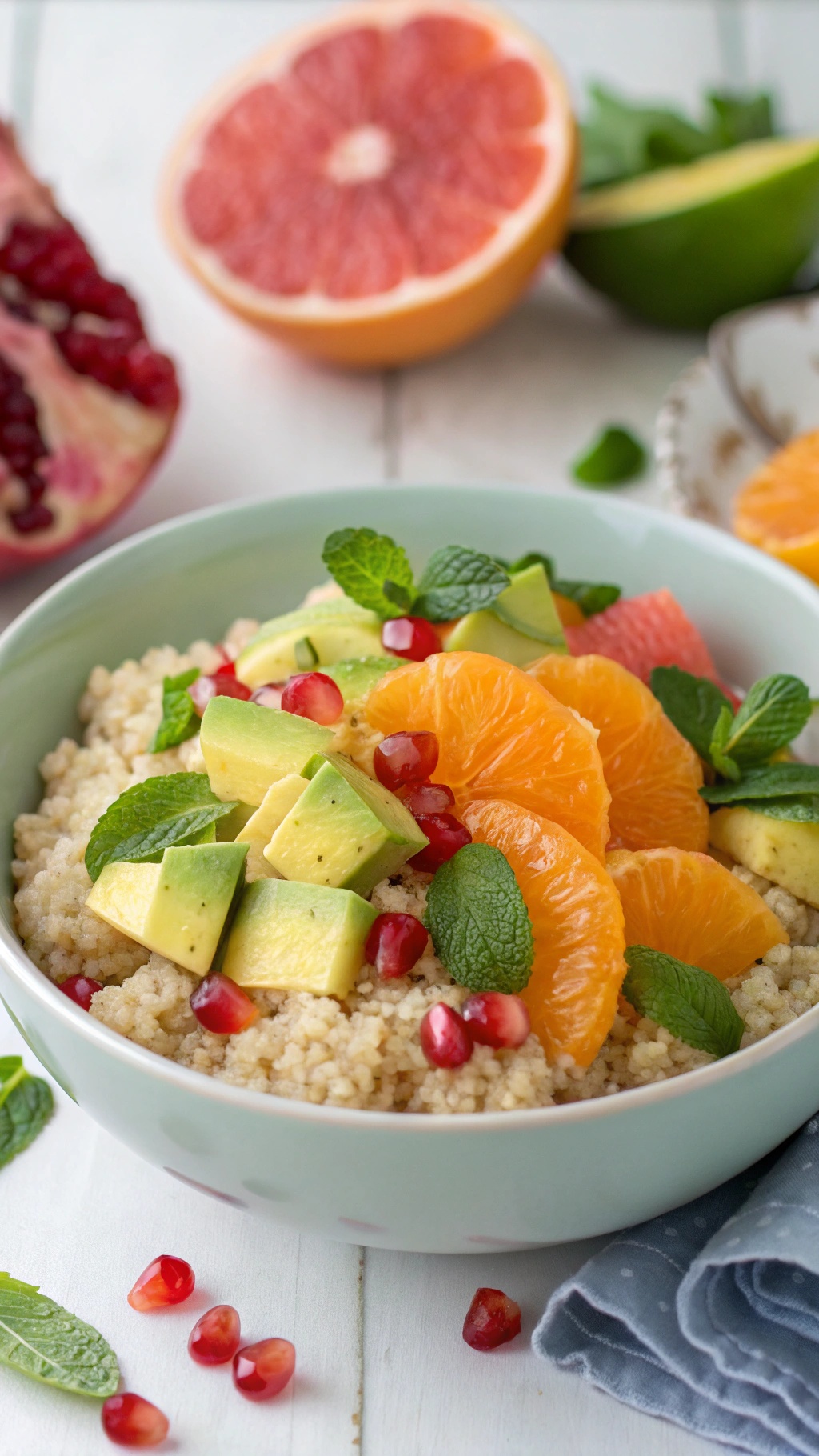 A colorful Zesty Citrus Avocado Quinoa Bowl with quinoa, avocado, citrus fruits, and pomegranate seeds.
