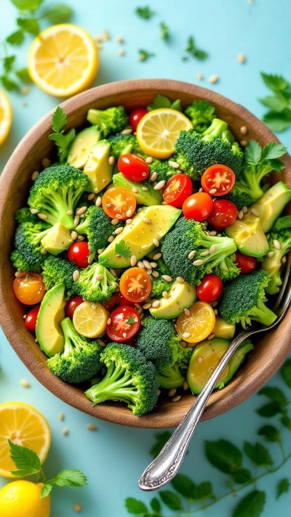 A colorful bowl of zesty citrus broccoli salad with avocado, cherry tomatoes, and pine nuts.