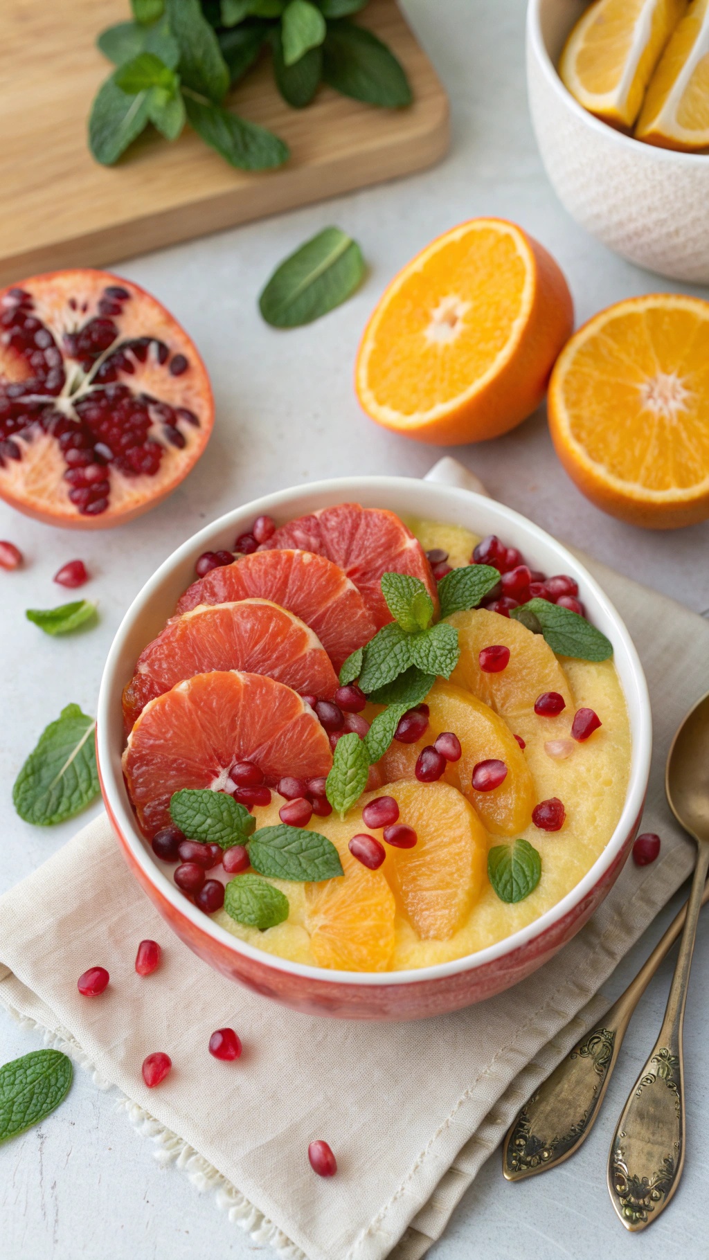 A colorful smoothie bowl topped with orange and grapefruit slices, pomegranate seeds, and mint leaves.