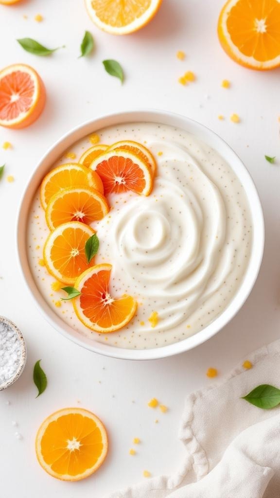 A bowl of citrus chia seed pudding topped with orange slices and grapefruit segments, surrounded by fresh citrus fruits.