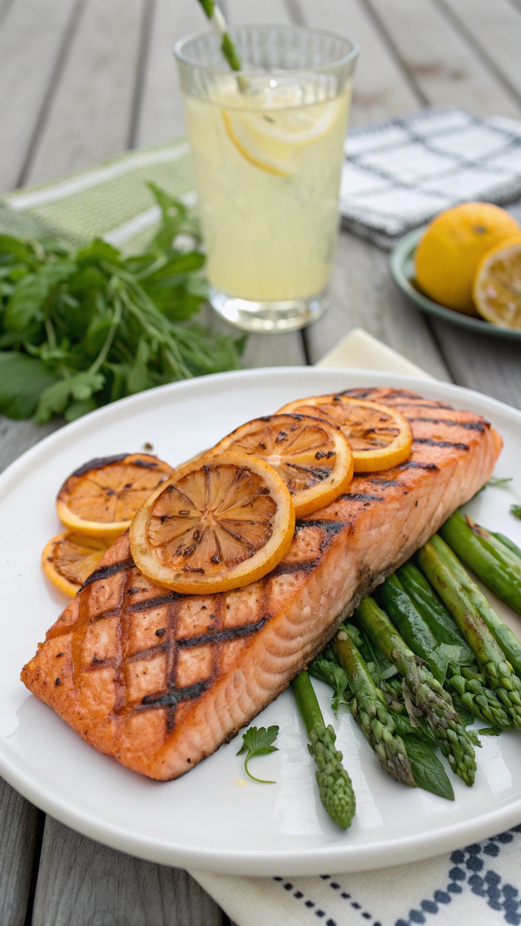 Grilled salmon with lemon slices on a plate with asparagus and a refreshing drink