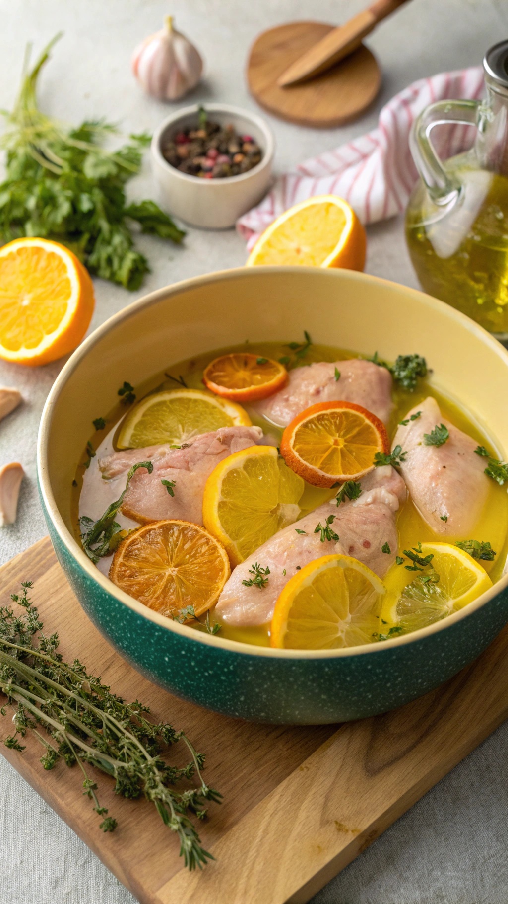 Chicken breasts marinating in a citrus mixture with orange and lemon slices