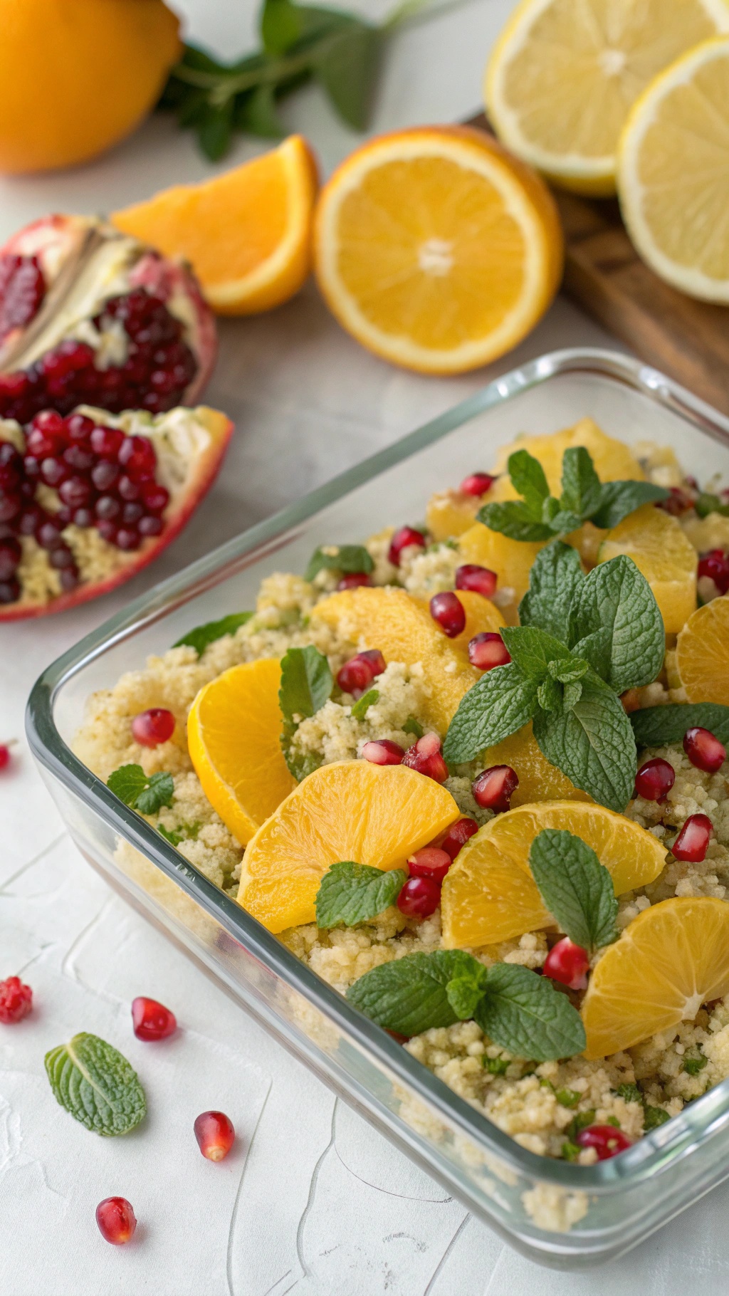 A colorful quinoa salad with orange slices, pomegranate seeds, and mint leaves in a glass dish.