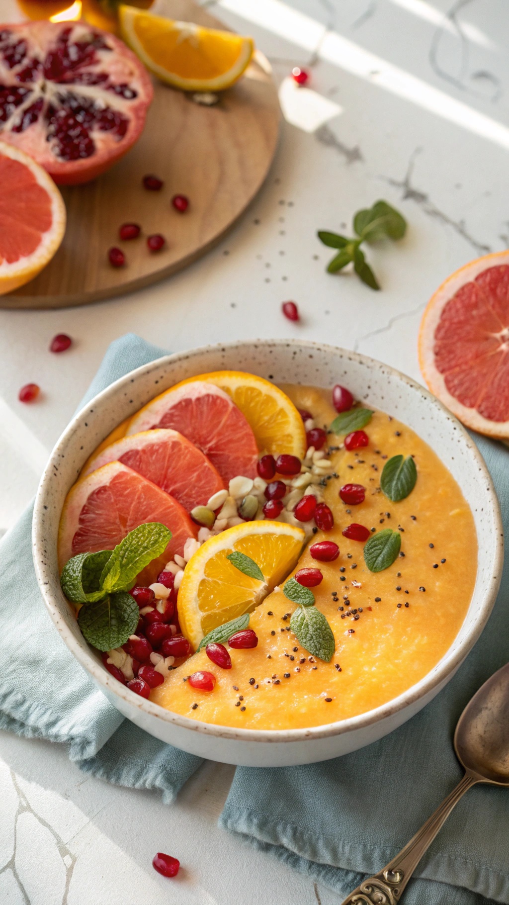 A colorful Zesty Citrus Sunrise Bowl with slices of orange and grapefruit, topped with pomegranate seeds and mint leaves.
