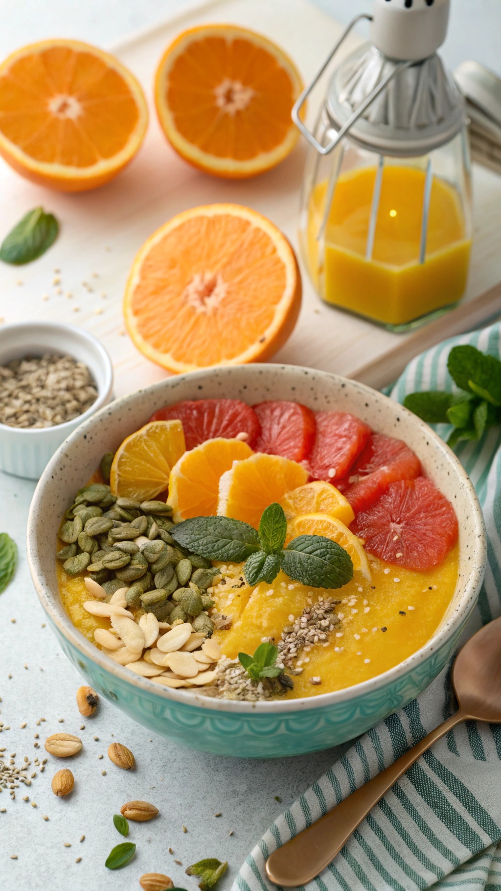 A colorful Zesty Citrus Sunrise Smoothie Bowl topped with orange and grapefruit slices, seeds, and mint leaves.