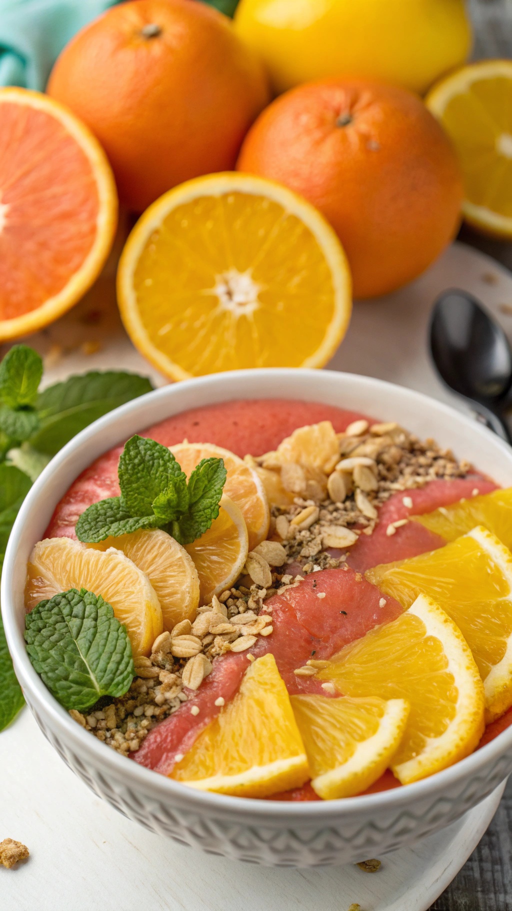 A colorful smoothie bowl topped with orange slices, granola, and mint leaves, surrounded by fresh oranges.