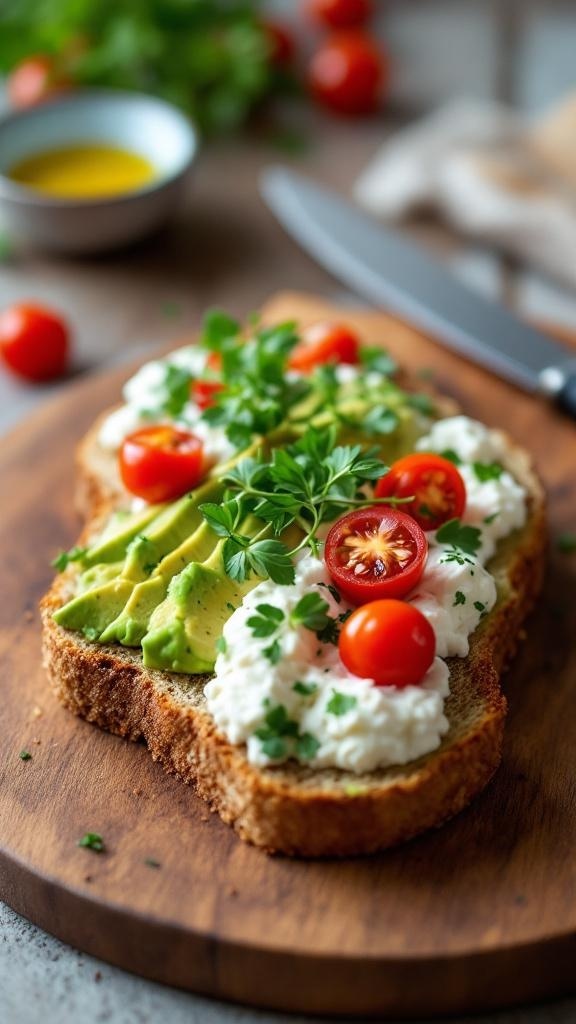 A delicious slice of whole-grain toast topped with cottage cheese, avocado, cherry tomatoes, and fresh herbs.