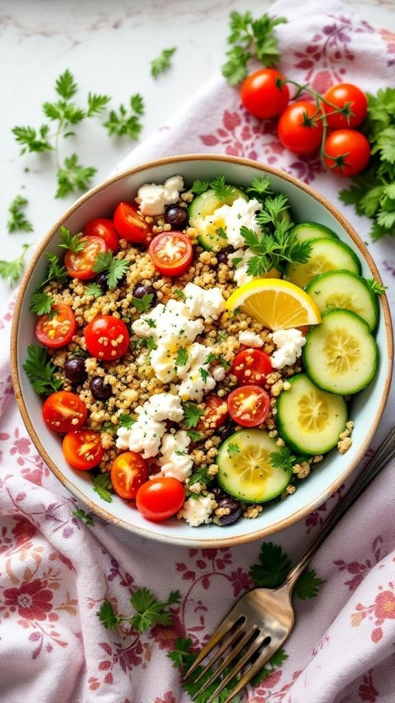 A colorful bowl of zesty cottage cheese and quinoa salad with cherry tomatoes, cucumbers, and parsley.