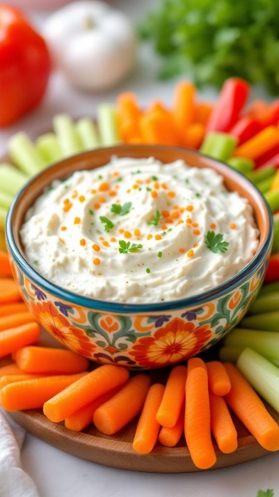 A colorful bowl of cottage cheese dip surrounded by fresh vegetables.