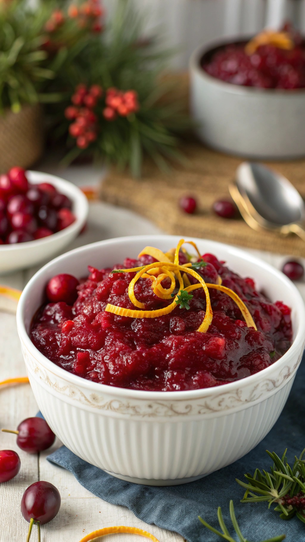 A bowl of zesty cranberry sauce garnished with orange peel and herbs, surrounded by fresh cranberries.