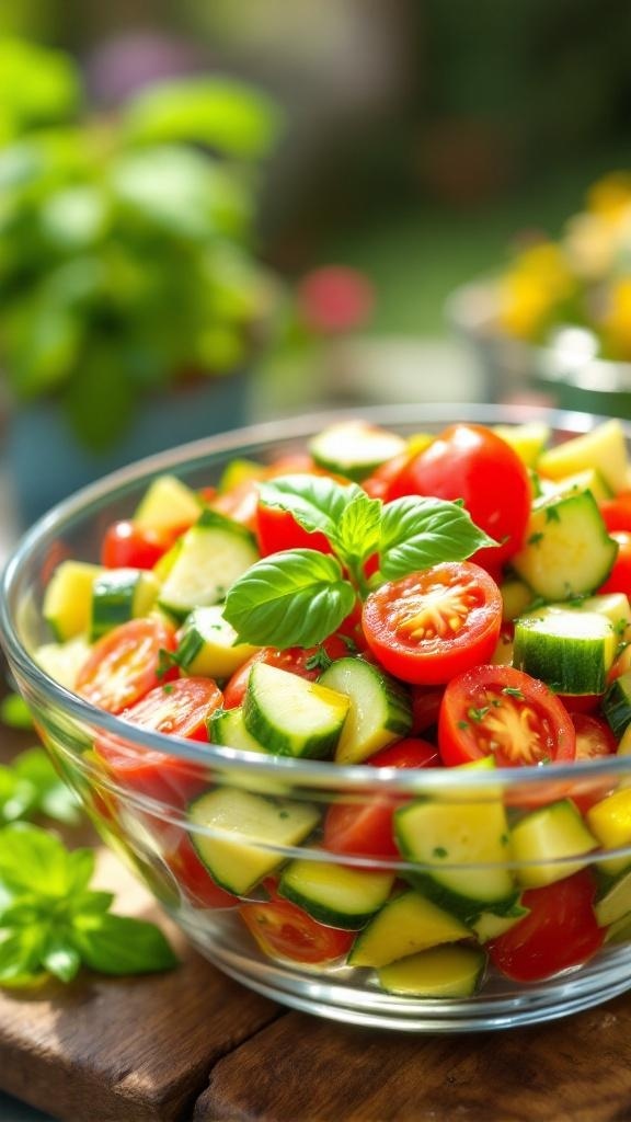 A bowl of zesty cucumber and tomato salad with fresh basil on top.