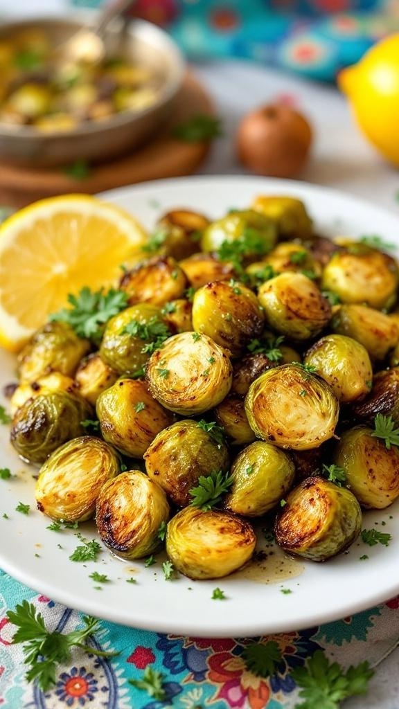 A plate of Zesty Garlic Butter Brussels Sprouts garnished with parsley and lemon slices.