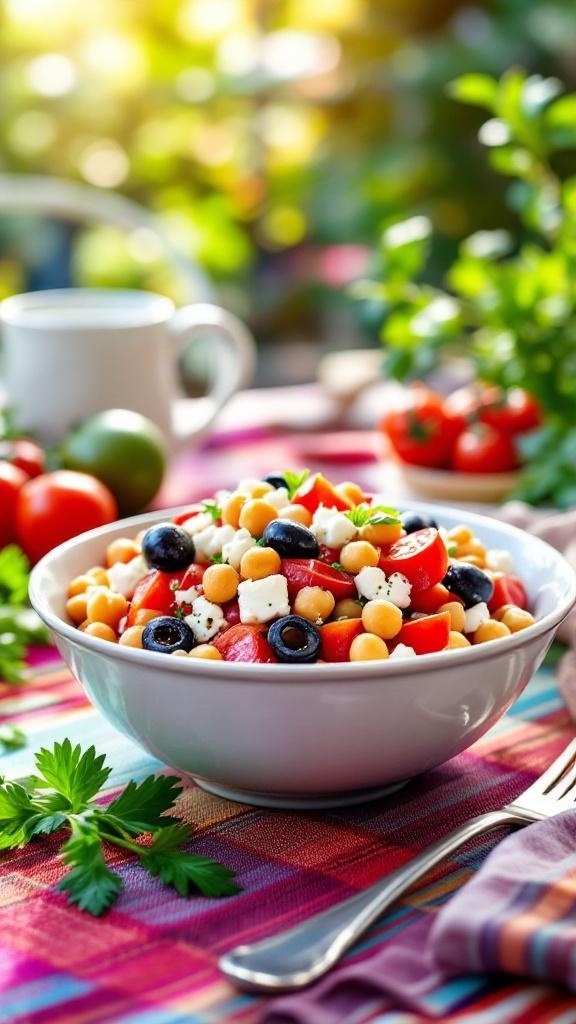 A colorful Greek salad with chickpeas, tomatoes, cucumbers, olives, and feta cheese in a bowl.