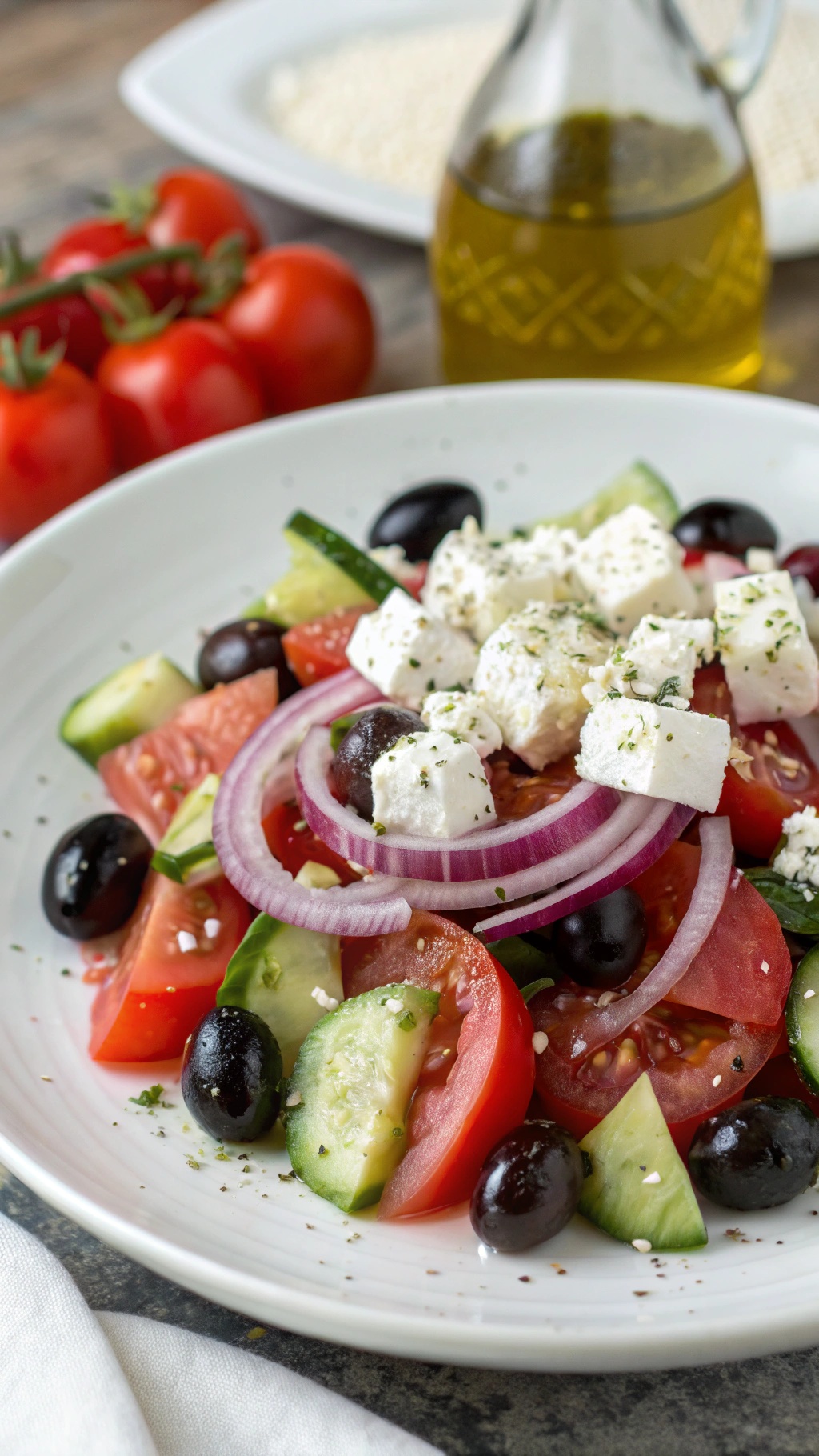A colorful Greek salad with tomatoes, cucumbers, red onions, olives, and feta cheese on a white plate.