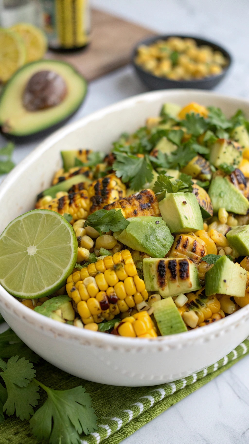 A colorful bowl of grilled corn and avocado salad with lime and cilantro