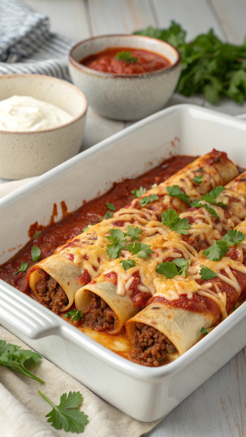 Baked ground beef enchiladas topped with cheese and cilantro, served with bowls of sour cream and salsa.