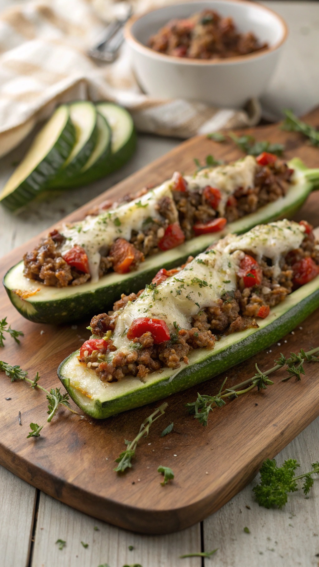 Zucchini boats filled with ground beef and topped with cheese on a wooden cutting board.