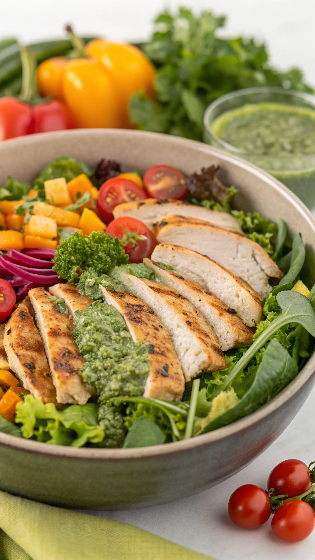 A colorful salad with grilled chicken, mixed greens, cherry tomatoes, and a vibrant herb dressing.