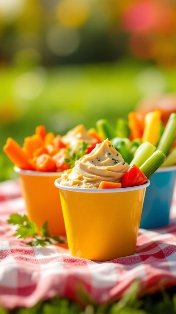 Colorful cups filled with hummus and fresh vegetables on a picnic blanket.