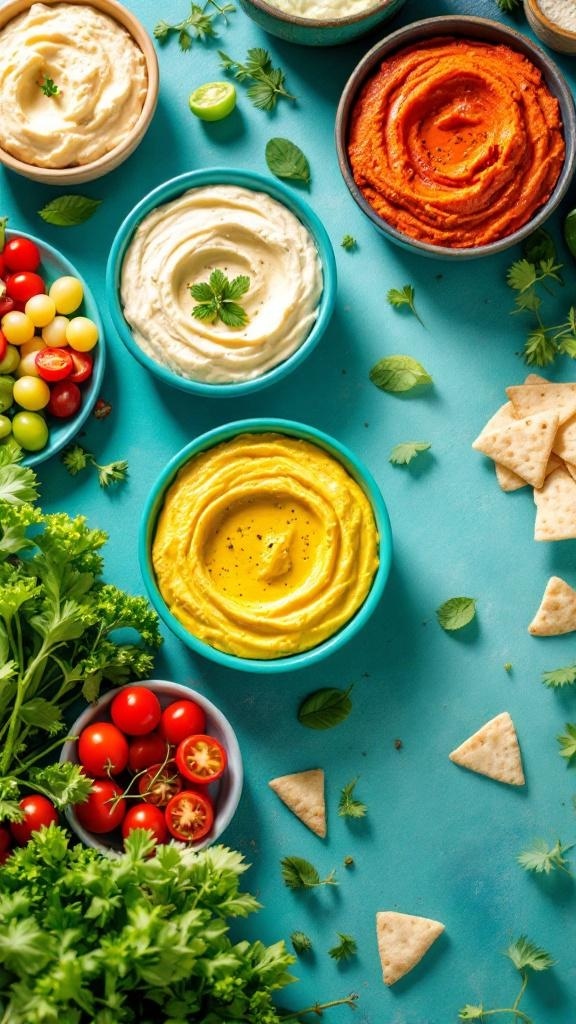 An assortment of colorful hummus variations served with fresh vegetables and crackers on a blue background.