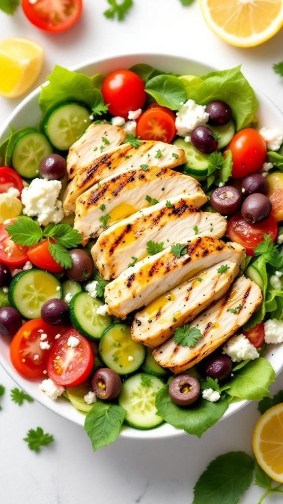 A colorful Greek salad with grilled chicken, tomatoes, cucumbers, olives, and feta cheese.