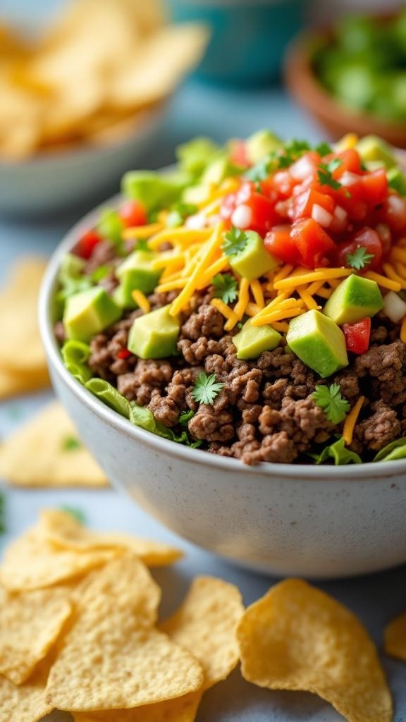 A colorful keto taco salad bowl with ground beef, avocado, cheese, and fresh vegetables, surrounded by tortilla chips.