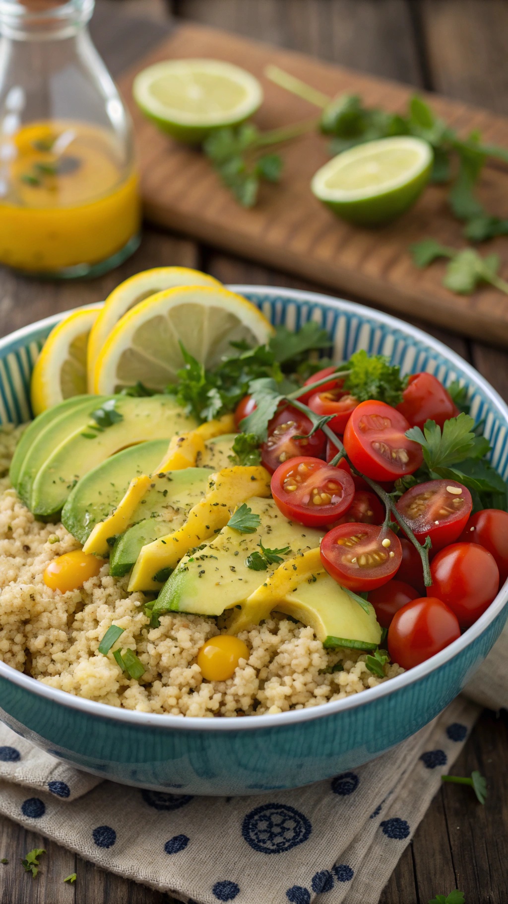 A colorful bowl of quinoa salad with avocado, cherry tomatoes, and lemon slices.