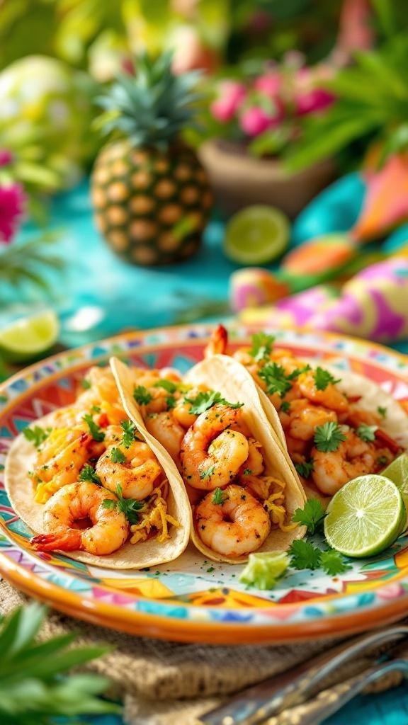 Delicious shrimp tacos with fresh herbs and lime on a colorful plate.