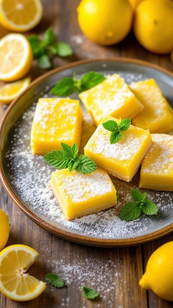 A plate of zesty lemon bars garnished with mint leaves and surrounded by fresh lemons.