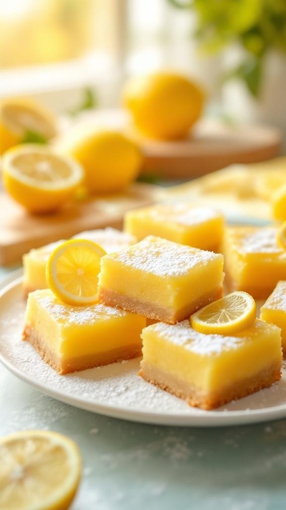 Plate of gluten-free and dairy-free lemon bars with lemon slices and powdered sugar