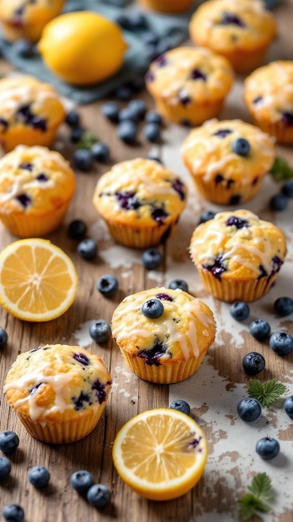 Freshly baked lemon blueberry muffins with lemon slices and blueberries scattered around