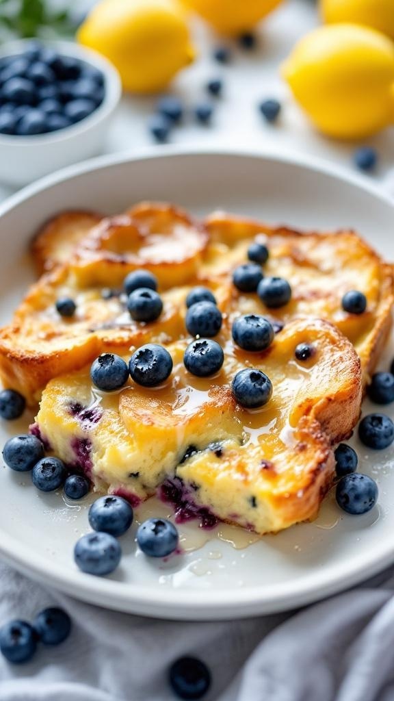 A delicious lemon blueberry overnight French toast casserole topped with fresh blueberries and drizzled with syrup.