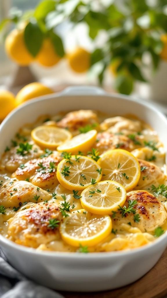A delicious lemon chicken casserole topped with lemon slices and fresh herbs.