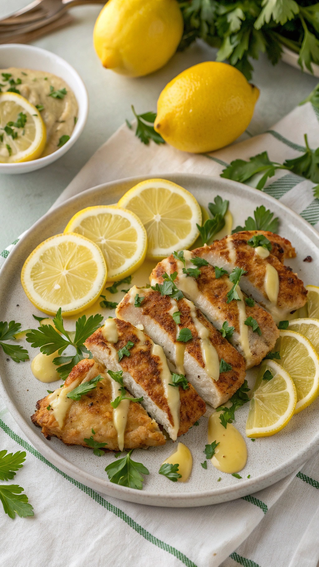 Air fryer chicken breasts garnished with lemon slices and parsley