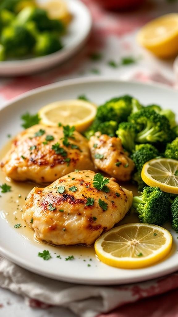 Plate of zesty lemon garlic chicken thighs with broccoli and lemon slices