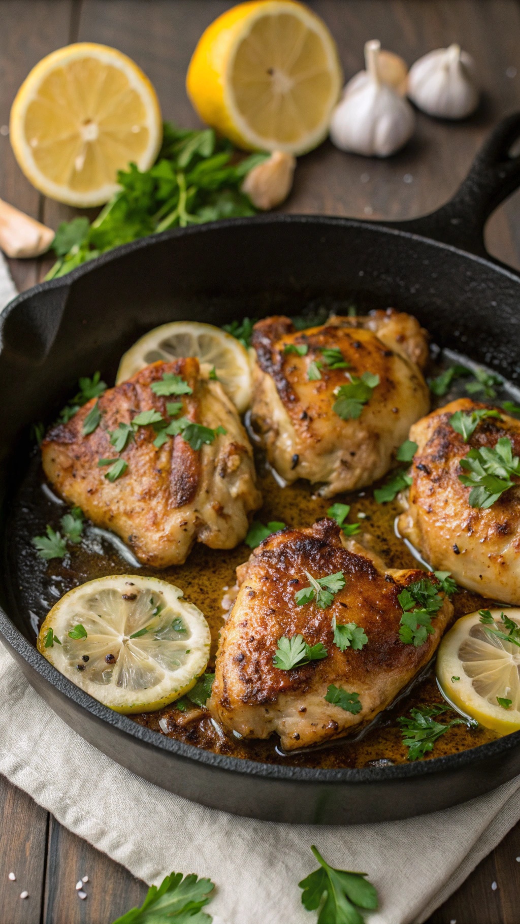 Zesty Lemon Garlic Chicken Thighs with lemon slices and garlic cloves