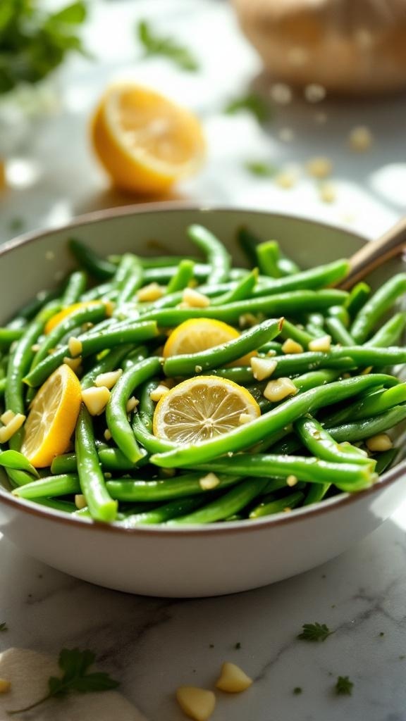 A bowl of zesty lemon garlic green beans garnished with lemon slices and pine nuts.