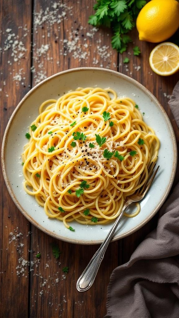 A plate of Zesty Lemon Garlic Pasta topped with parsley and Parmesan cheese, with a lemon and a sprig of parsley beside it.