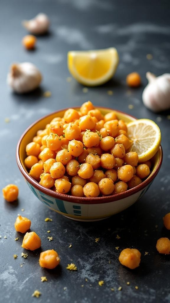 Bowl of roasted chickpeas with lemon and garlic on a dark surface