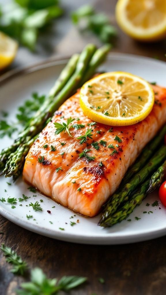 Zesty lemon garlic roasted salmon with asparagus and lemon slices