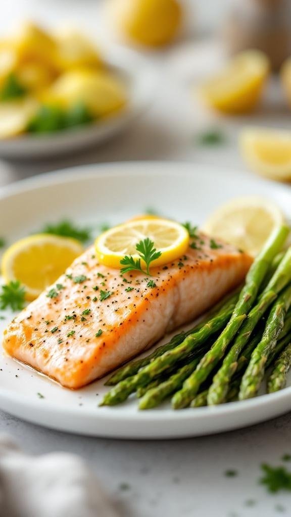 A plate of zesty lemon garlic salmon with asparagus, garnished with lemon slices and parsley.