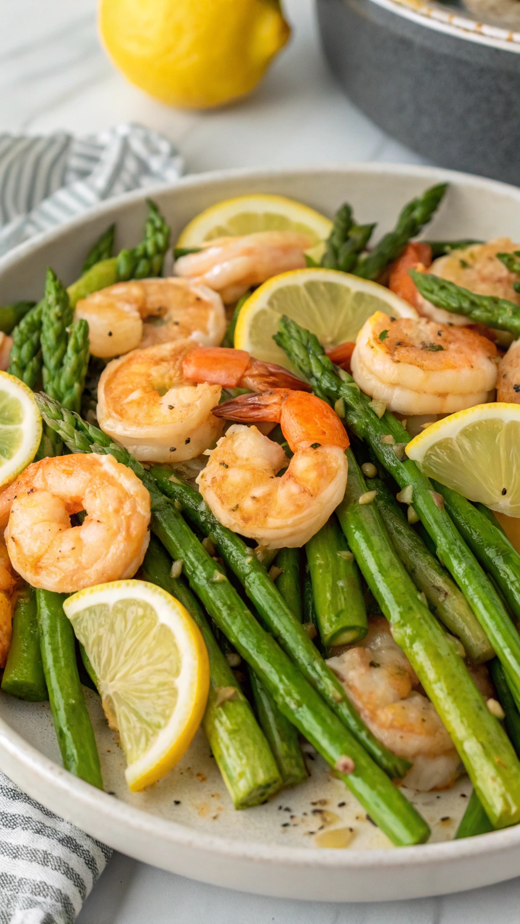 A plate of lemon garlic shrimp and asparagus with lemon slices