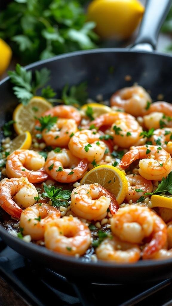 A skillet filled with cooked shrimp, garnished with lemon slices and parsley.
