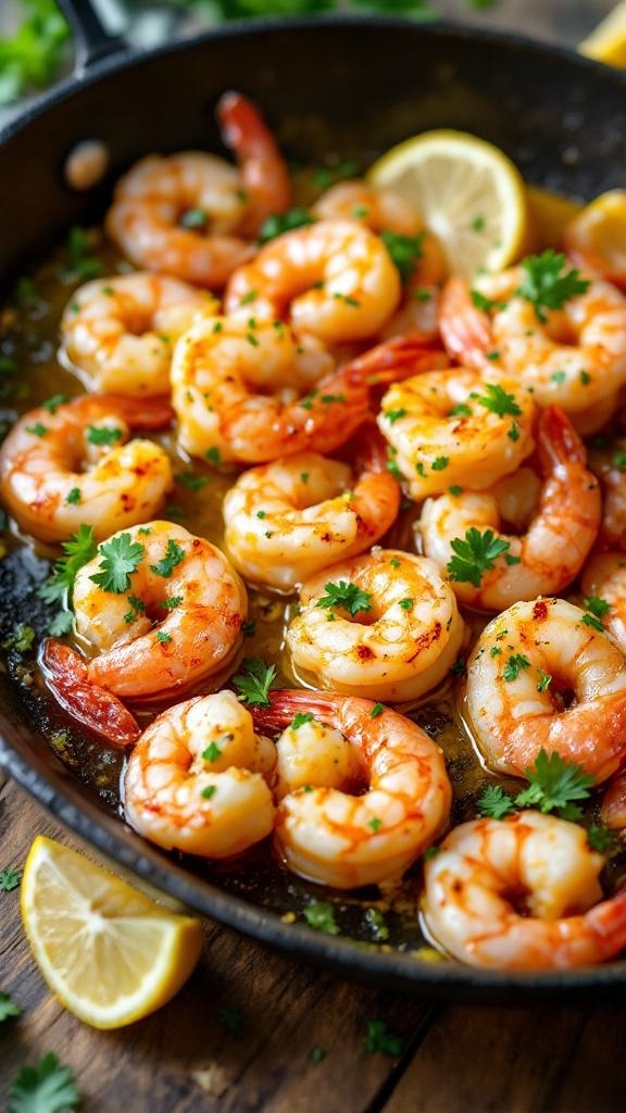 A skillet filled with cooked shrimp garnished with parsley and lemon slices.