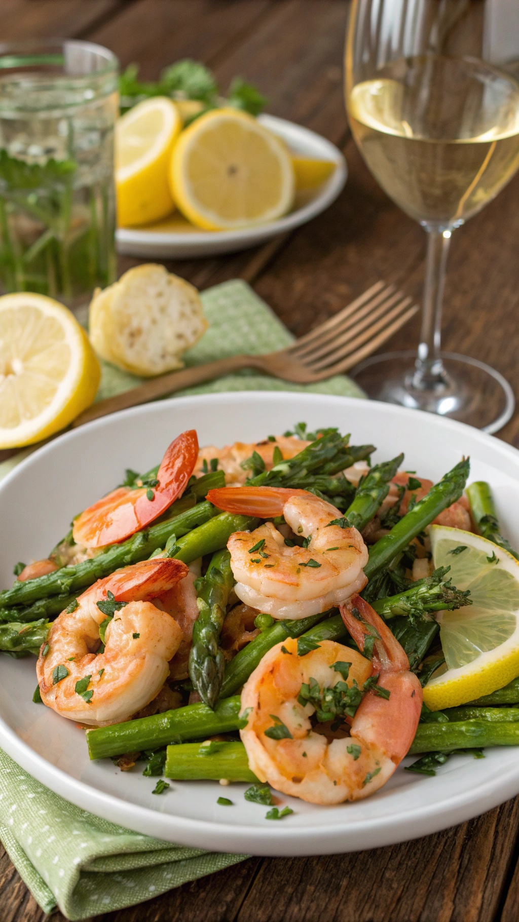 A plate of zesty lemon garlic shrimp with asparagus, garnished with lemon slices and parsley, served with a glass of white wine.