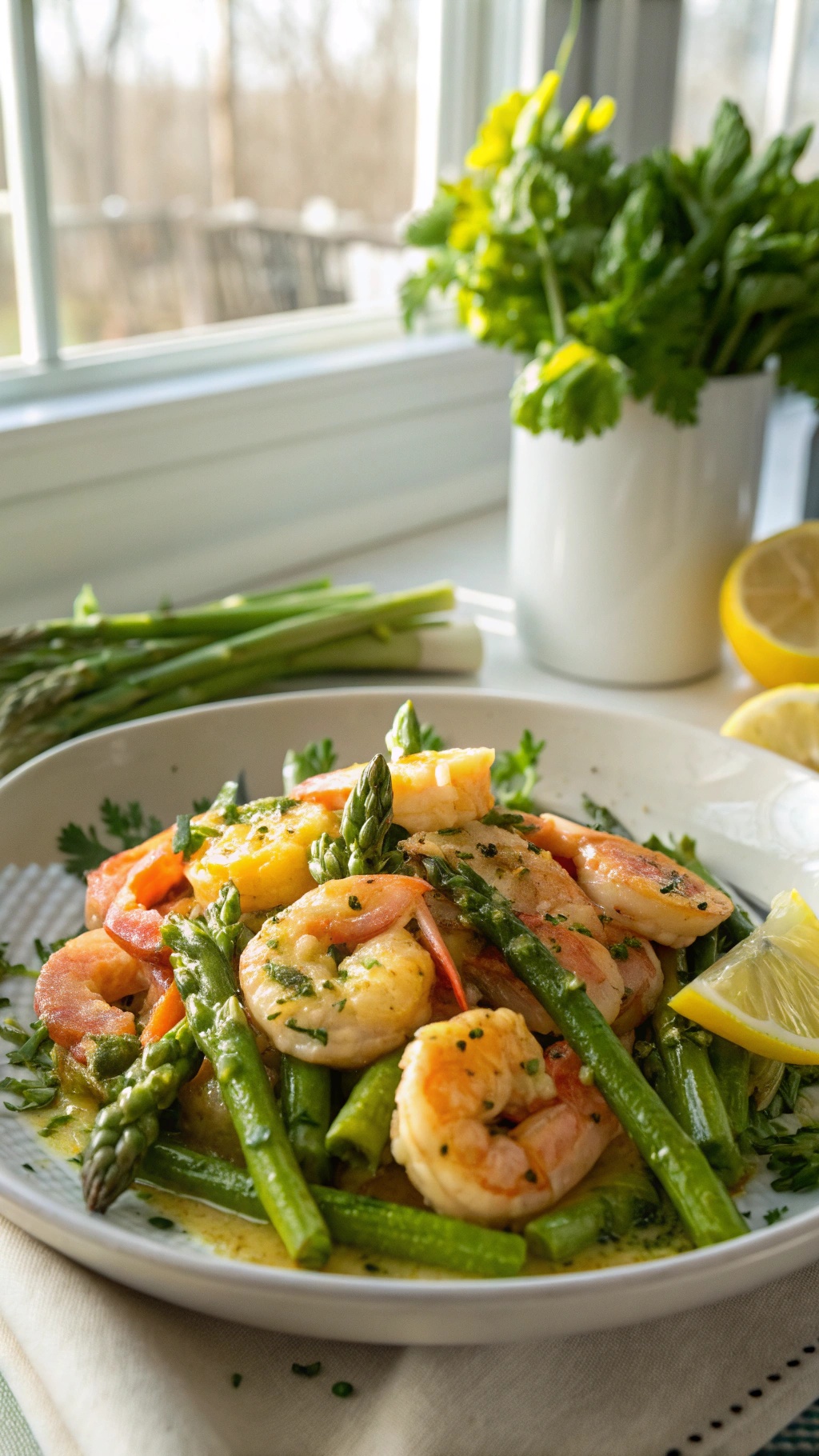 A plate of zesty lemon garlic shrimp with asparagus, garnished with parsley and lemon wedges.