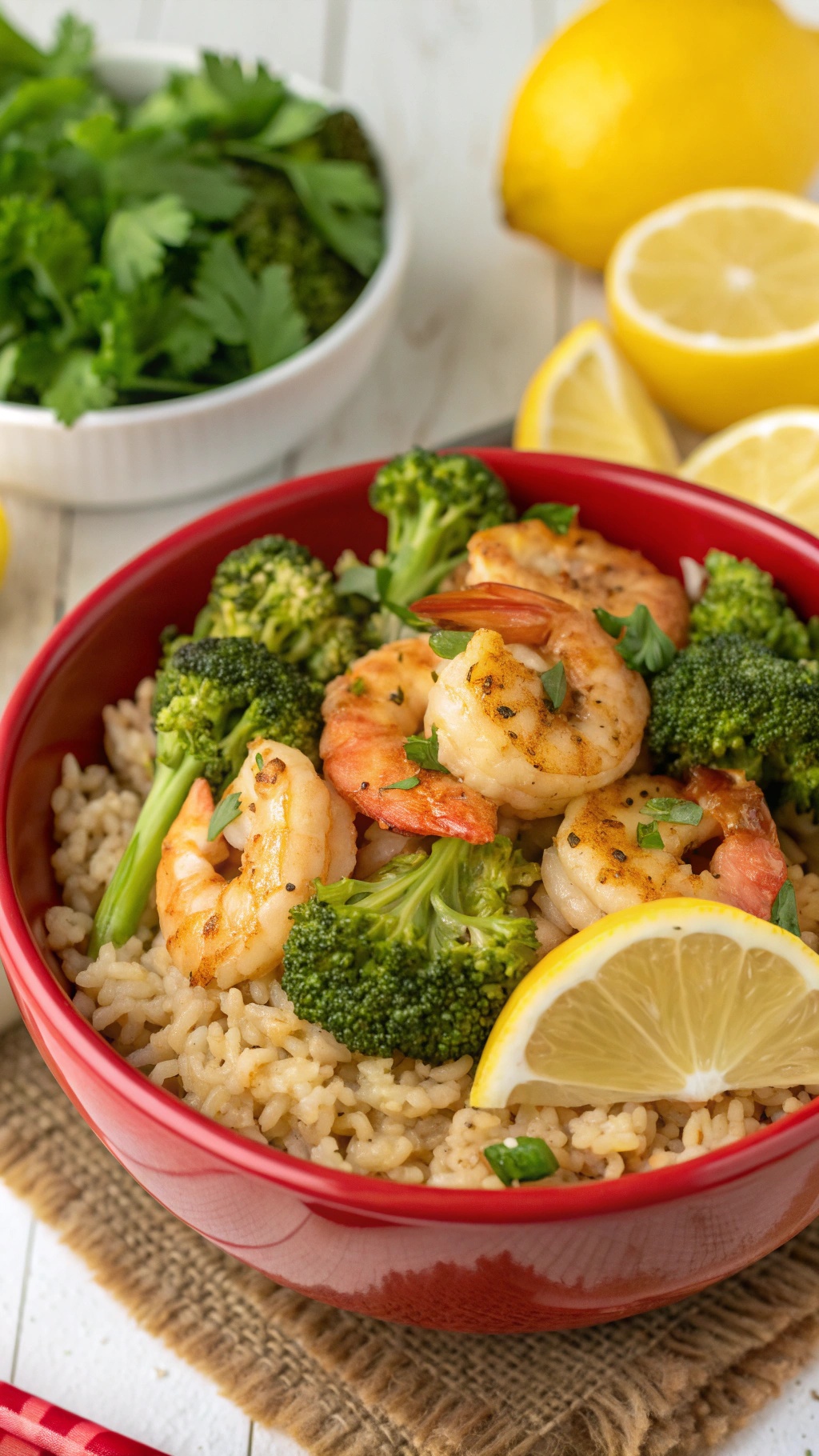 A bowl of zesty lemon garlic shrimp with broccoli, garnished with lemon slices and fresh parsley.